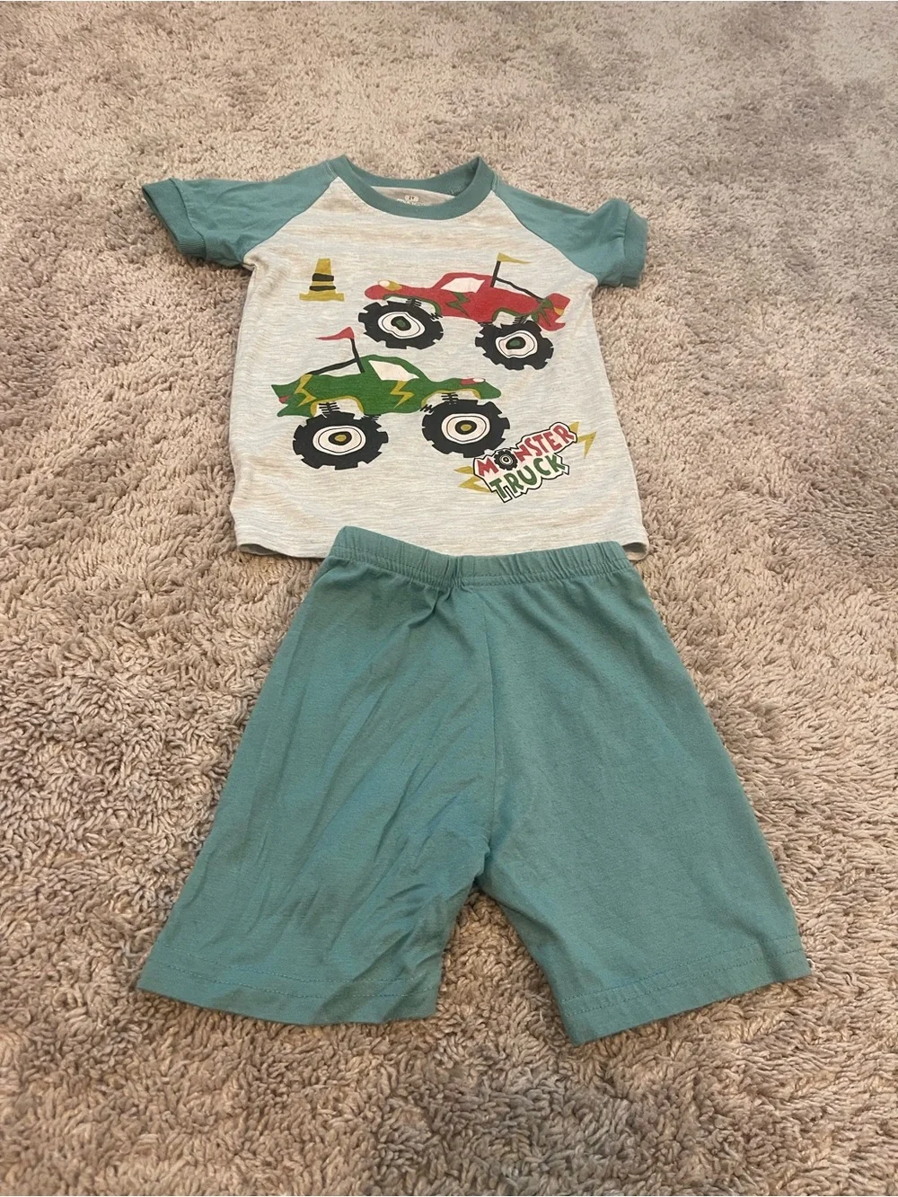Kids Monster Truck Short Pajama Set - Teal & White
